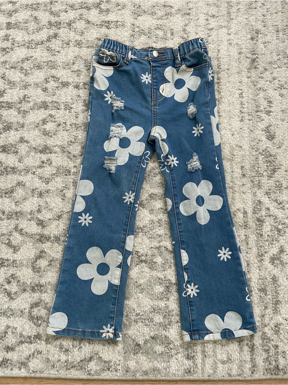 SHEIN Girls Size 7Y Daisy Floral Print Distressed Flare Jeans Blue Denim Boho